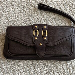 Cole Haan Dark Brown Leather Wristlet with Gold Accents
